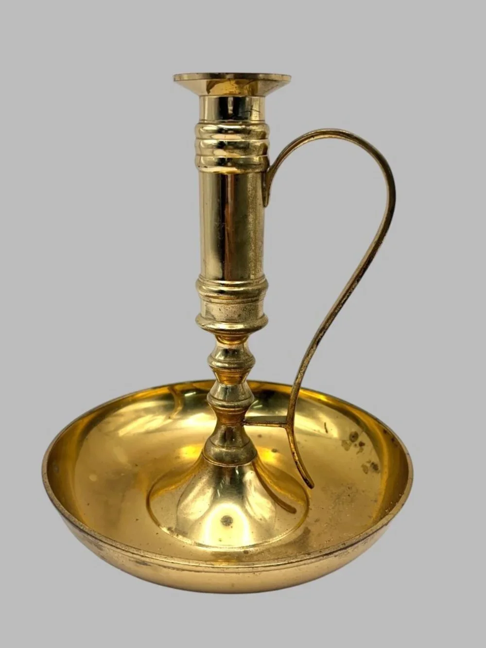 Vintage Brass Chamberstick Candle Holder Made in India 7.5” Handle Catch Tray
